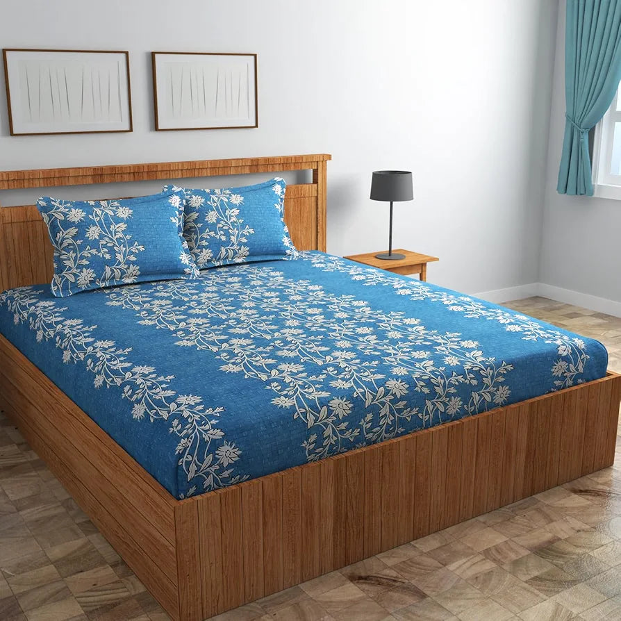 Homefab India 160 TC Glace Cotton Double BedSheet with 2 Pillow Covers -  - Blue, Floral